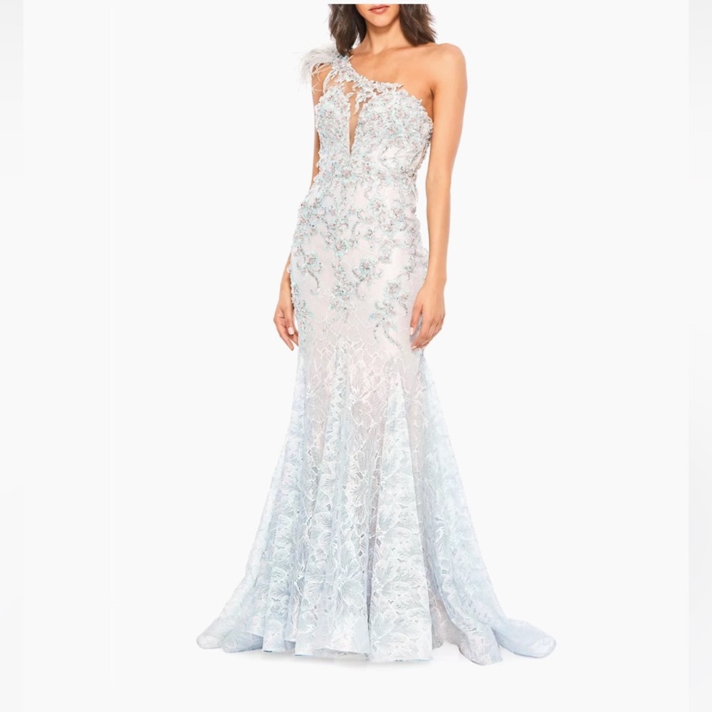 MAC DUGGAL One Shoulder Feather Appliqué Gown Prom 4